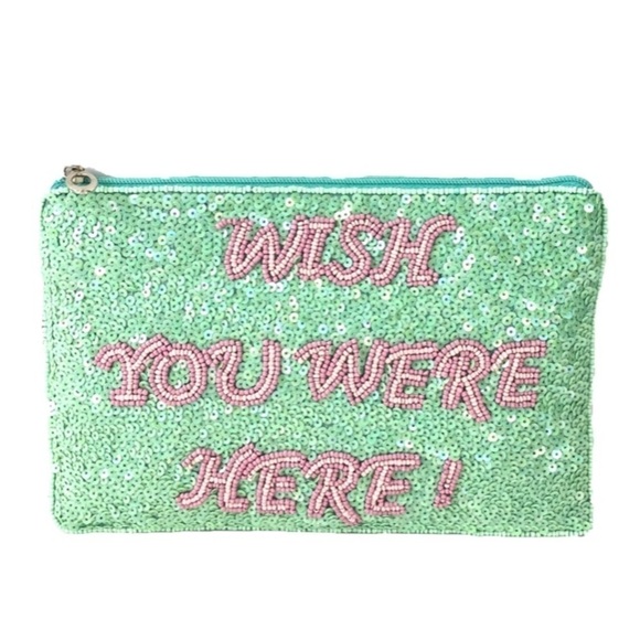 From St. Xavier Wish You Were Here green sequin clutch bag NWT - Picture 1 of 9